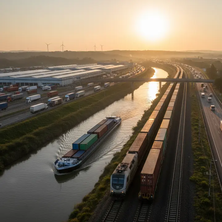 Create a high-quality, photorealistic editorial news photograph that accurately and coherently illustrates this news story: "Transporte de Cargas no Brasil: Soluções Inovadoras para Reduzir Custo e Impacto Ambiental. O Brasil busca melhorar a eficiência do transporte de cargas, reduzindo os custos e os impactos ambientais. Atualmente, o país depende fortemente do modelo rodoviário, que apresenta várias distorções e desafios.". Style: professional photojournalism, realistic natural lighting, sharp focus, rich detail, depth of field, 16:9 horizontal composition, suitable as the lead image of a news article. Absolutely NO text of any kind in the image: no words, no letters, no numbers, no captions, no headlines, no signs with readable text, no logos, no watermarks, no UI overlays. Do not depict real identifiable public figures. The image must be tasteful, neutral, and safe for a general news audience.